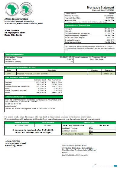 Download Benin African Development Bank mortgage statement scr Photoshop template